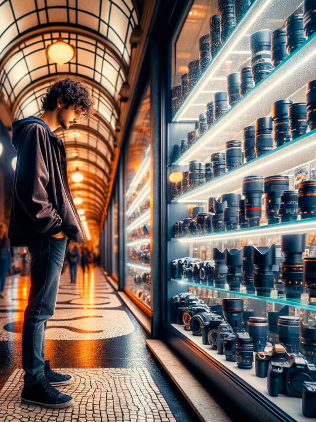 Estudante de Fotografia observando lentes para comprar