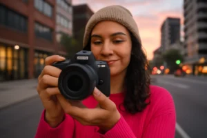 Criadora de conteúdo ao ar livre usando a Canon R50 explorando funcionalidades avançadas Canon em cenário urbano ao entardecer