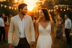 Casal caminhando de mãos dadas ao pôr do sol em uma fotografia que evita erros comuns na fotografia de casamento