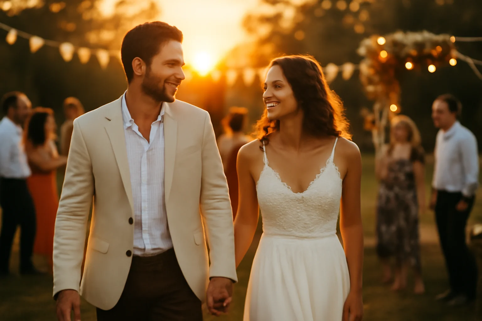 Casal caminhando de mãos dadas ao pôr do sol em uma fotografia que evita erros comuns na fotografia de casamento