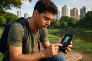Cena realista de estudante usando smartphone no parque em Campinas, promovendo curso fotografia celular Campinas