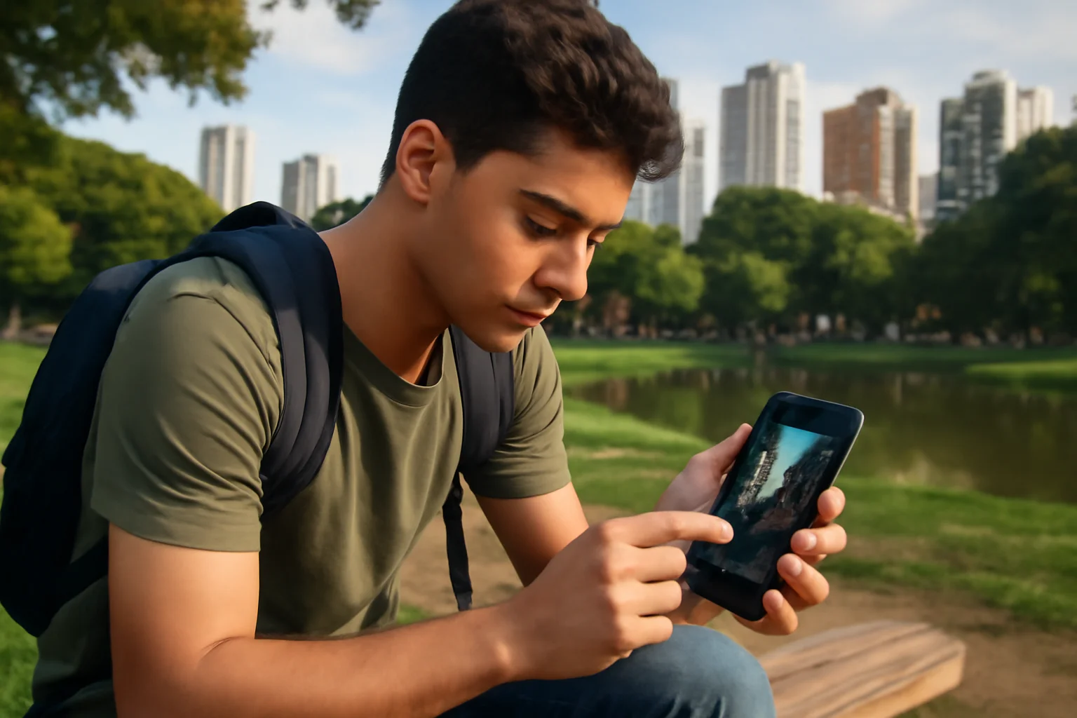Cena realista de estudante usando smartphone no parque em Campinas, promovendo curso fotografia celular Campinas