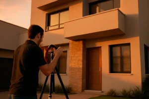 Fotógrafo ajustando câmera ao lado de imóvel em Campinas, destacando a essência do workshop de fotografia imóveis
