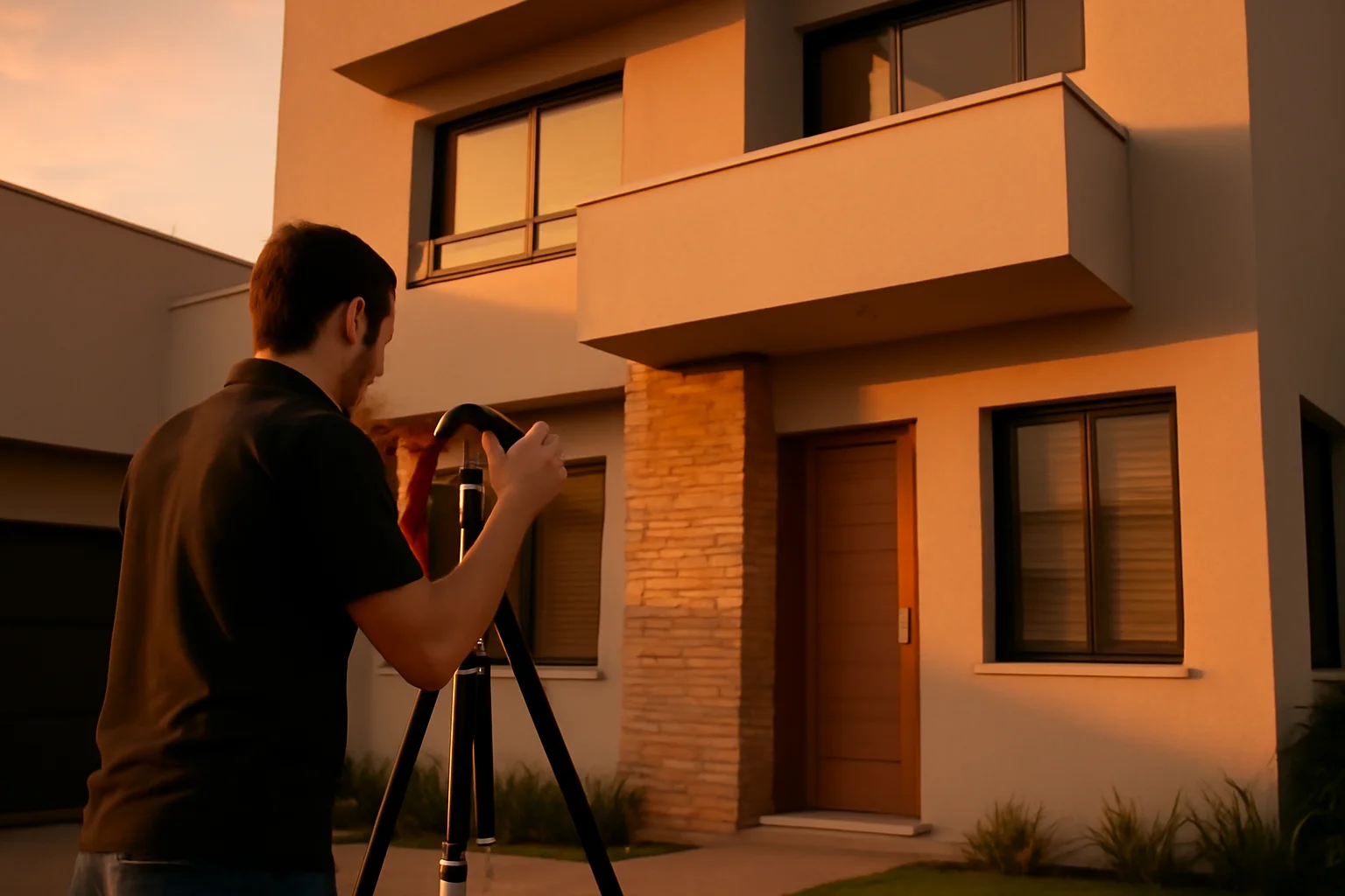 Fotógrafo ajustando câmera ao lado de imóvel em Campinas, destacando a essência do workshop de fotografia imóveis