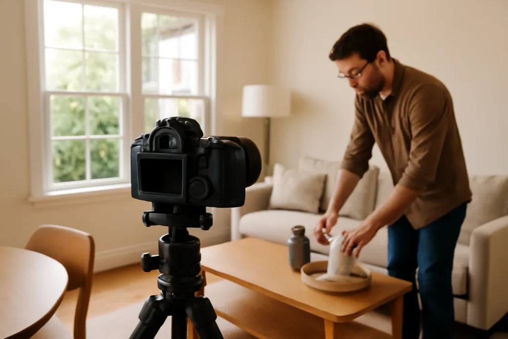 Imagem mostrando comparativo entre técnicas aprendidas, com fotógrafo profissional ajustando uma câmera em imóvel bem iluminado