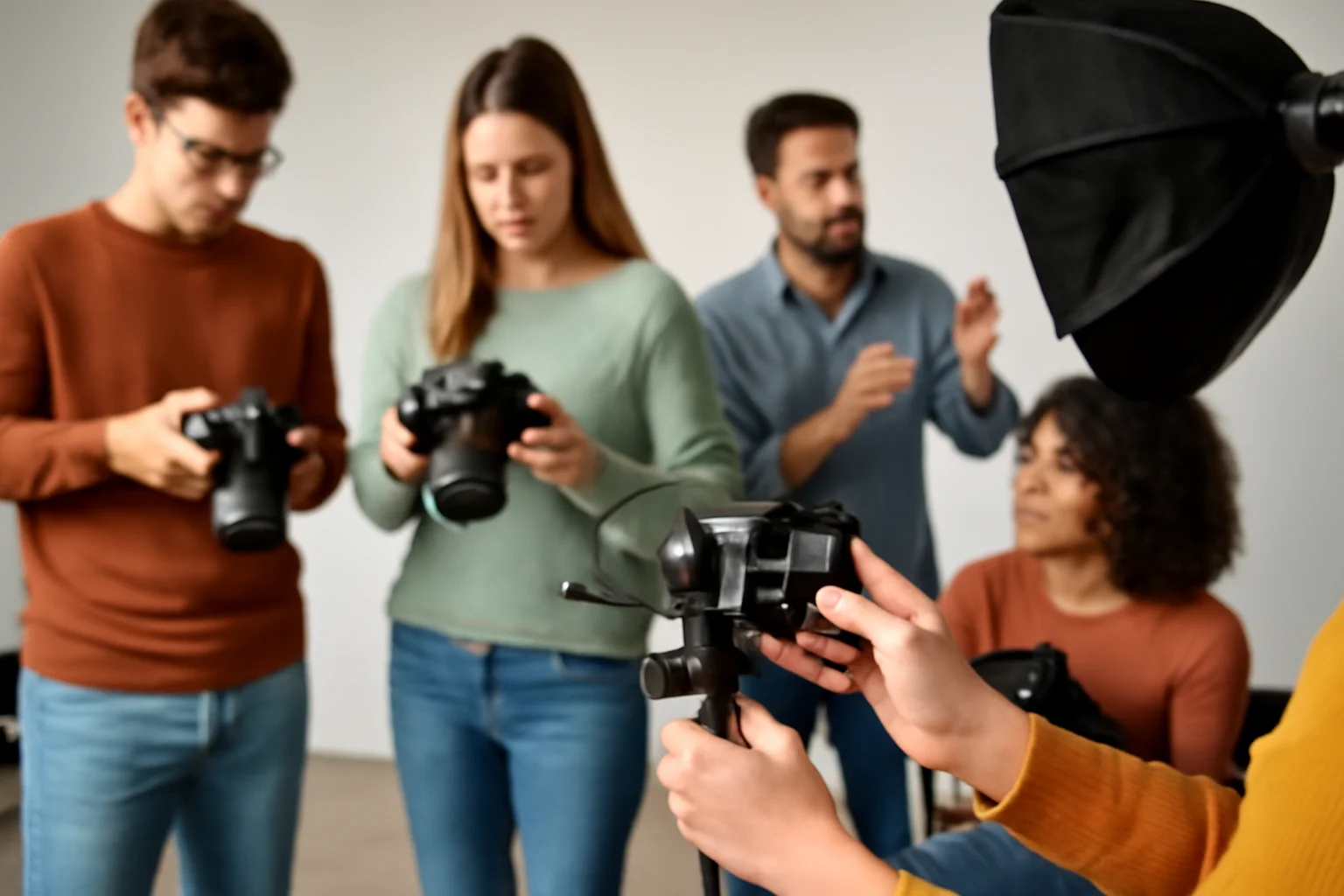 Sala de aula prática de fotografia na escola PIXELPRO em Campinas com estudantes ajustando câmeras DSLR
