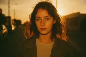 Retrato espontâneo com estética imperfeita: luz quente desbotada, grão de filme e ligeiro desfoque, evocando nostalgia