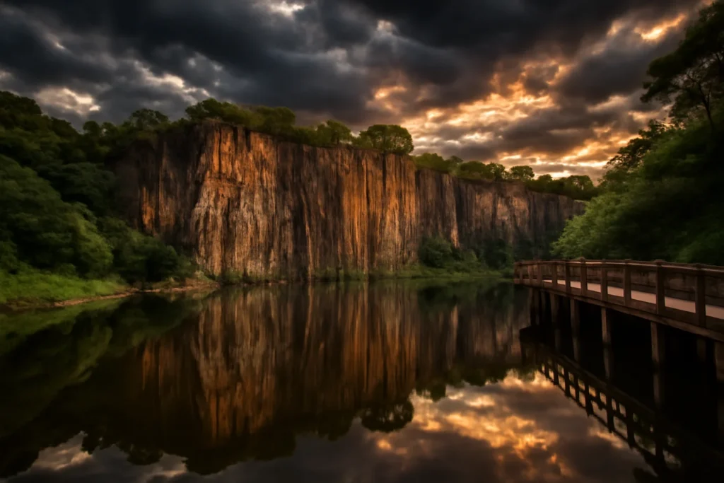 Imagem da Pedreira do Chapadão em Campinas ao pôr do sol, com paredões rochosos, reflexos na água, vegetação e ponte de madeira, ideal para onde fotografar Campinas.
