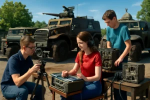 Cenário ao ar livre com veículos militares históricos, estudantes operando câmeras e tecnologia de edição com rascunho automático