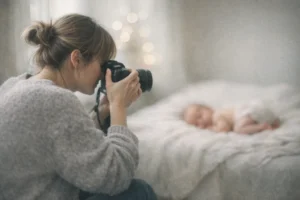 Fotógrafo segurando câmera em estúdio, focando em recém-nascido