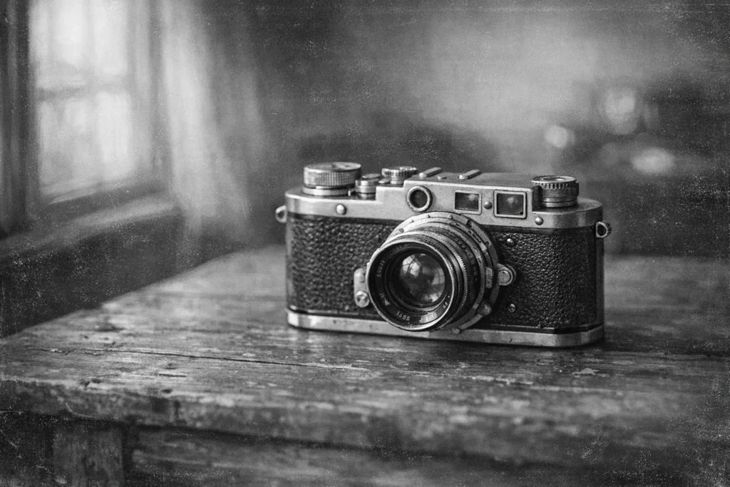 Fotografia Preto e Branco: Dicas de Carlos Rincon 1 Câmera vintage repousa sobre uma mesa de madeira rústica iluminada pela luz suave do entardecer