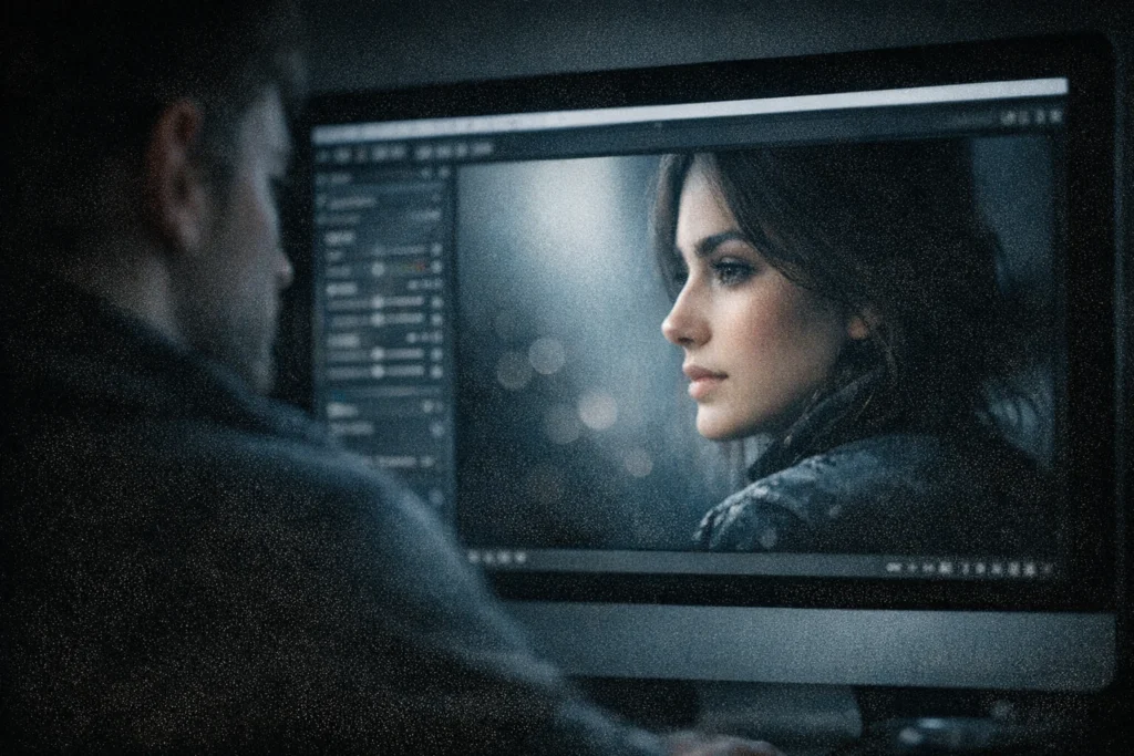 Tela de computador exibindo um retrato editado com iluminação suave
